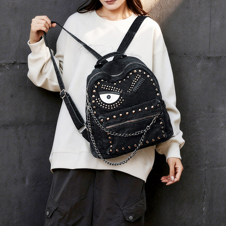 Stylish Denim Backpack with Decorative Rivets