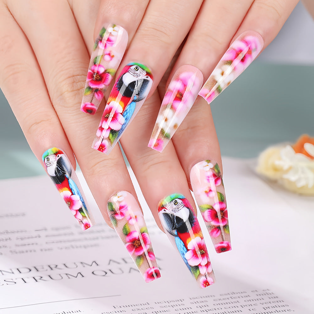 Exquisite Artificial Nails with Colorful Flower and Parrot Design Bowlift