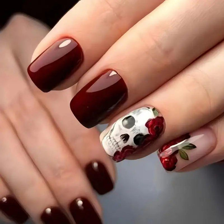 Artistic Skull and Rose Nail Art Bowlift