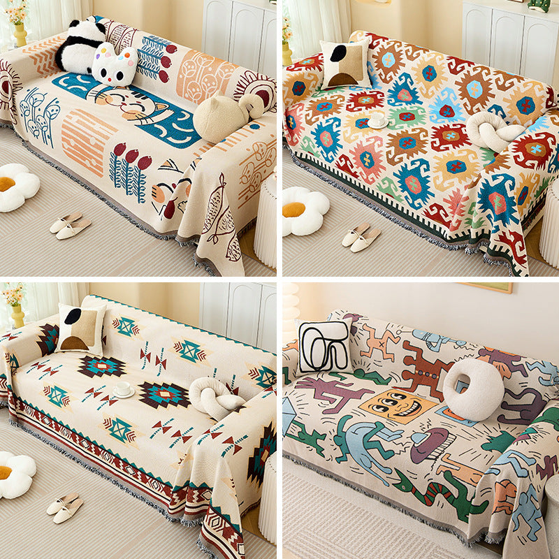 Decorative Fringed Geometric Jacquard Sofa Throw Cover Bowlift