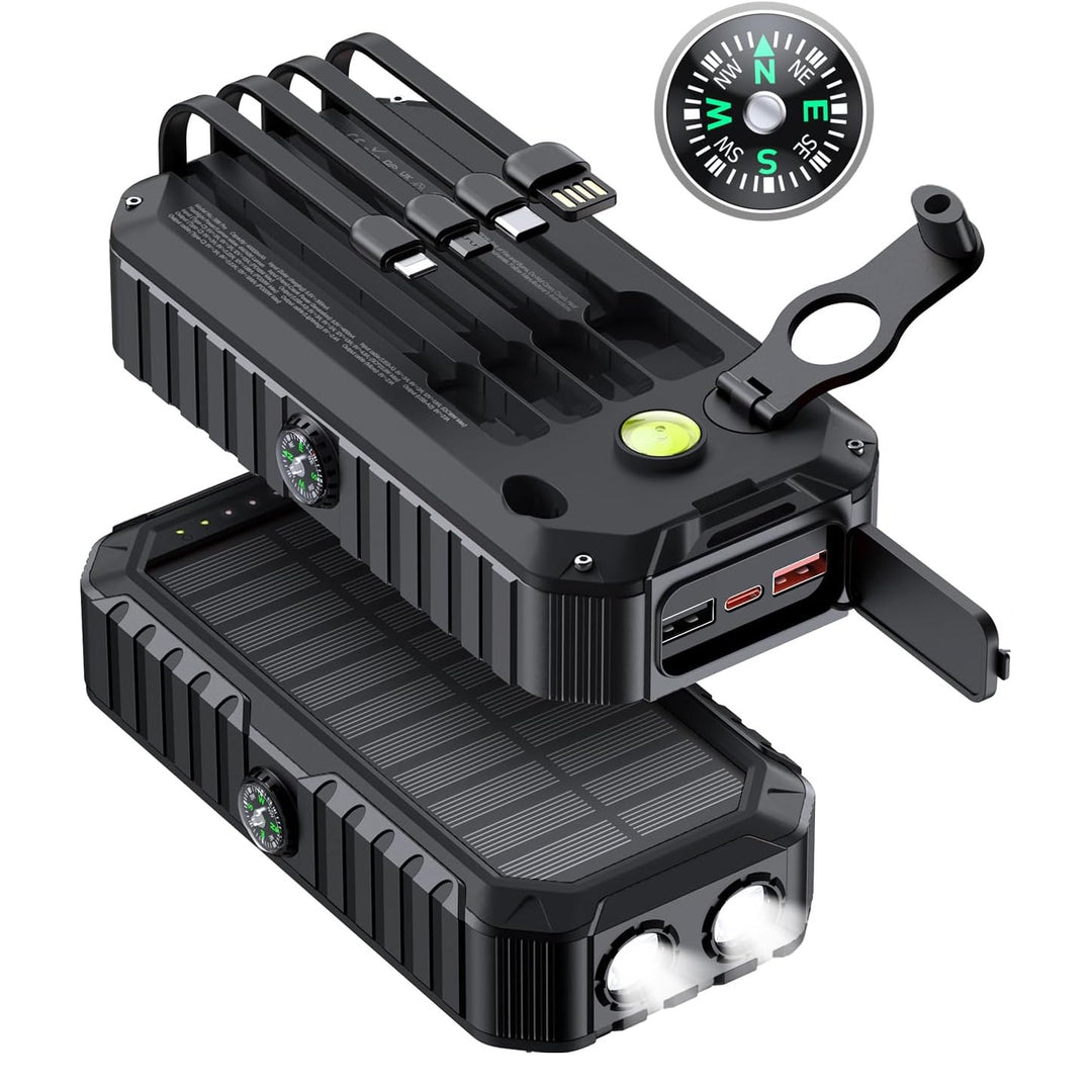 Solar Power Bank with Integrated Charging Cables and LED Flashlight Bowlift