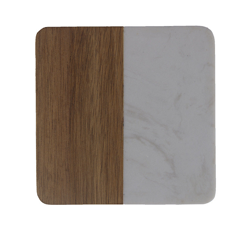 Marble pattern and acacia wood serving coaster board with rounded corners Bowlift