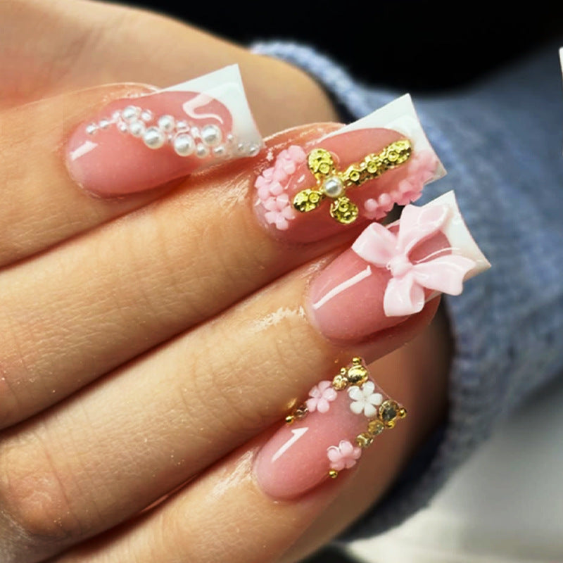 Decorative Press-On Nail Set with Bow and Floral Accents Bowlift