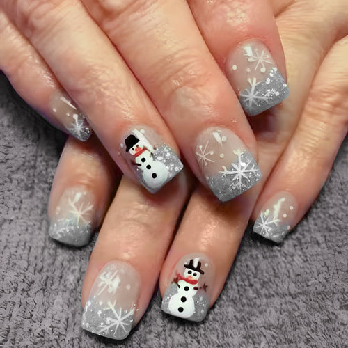 Festive Snowman-Themed Acrylic Nail Art Bowlift