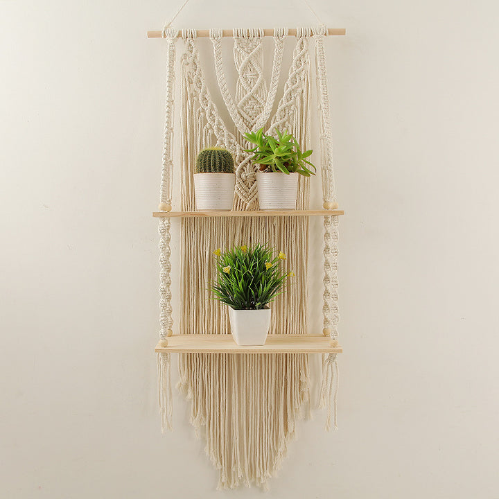 Decorative Macramé Wall Shelf with Dual Plant Holders Bowlift