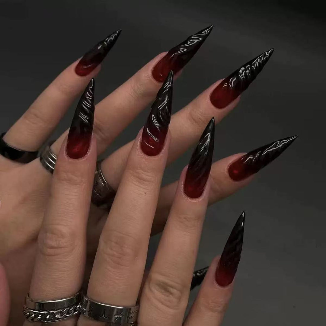 Acrylic Nail Set with Elegant Tips and Black-Red Gradient Color Bowlift