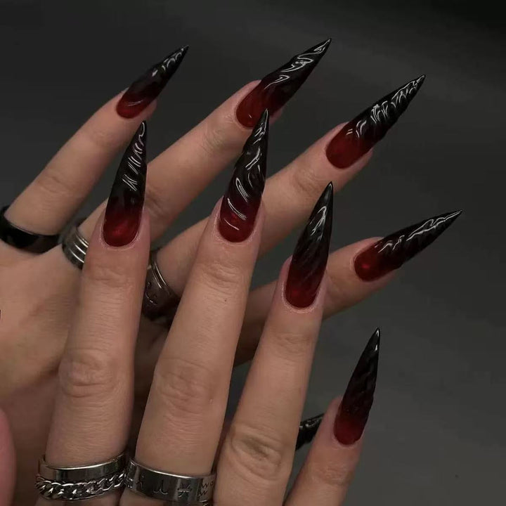 Acrylic Nail Set with Elegant Tips and Black-Red Gradient Color Bowlift