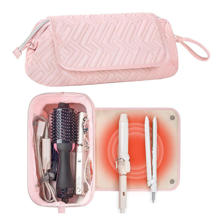 Cosmetic organizer bag with pre-made space for styling tools Bowlift