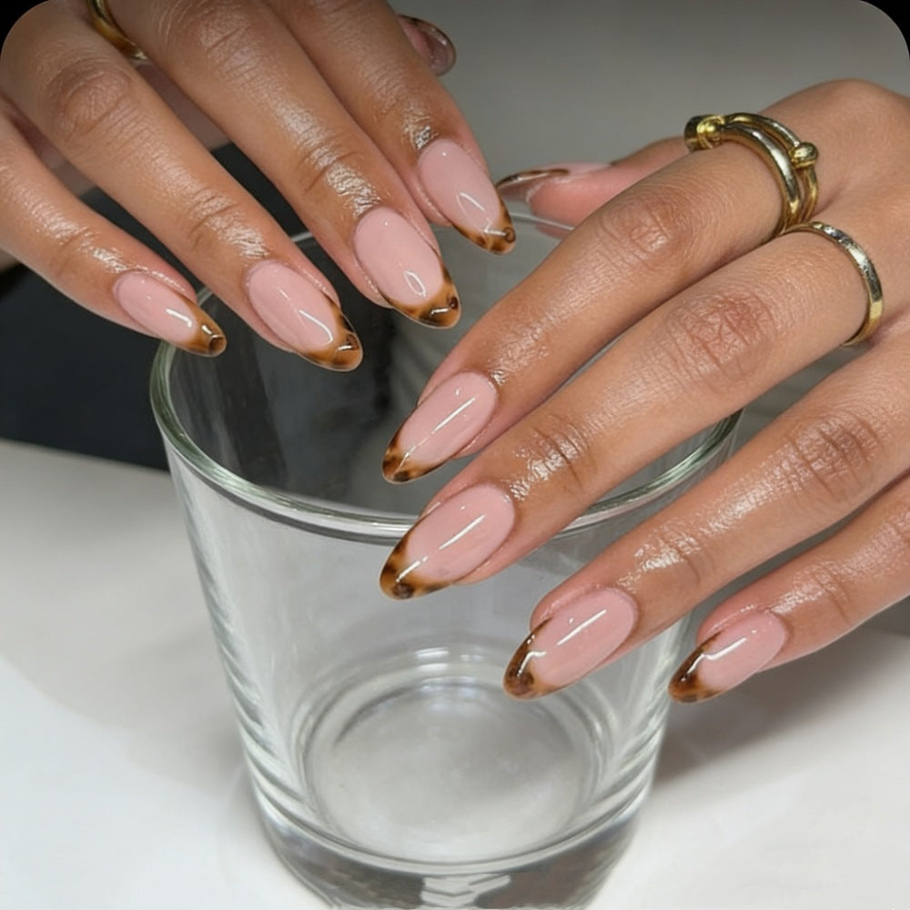 Almond-Shaped Press-On Nails with Elegant Brown Tips Bowlift
