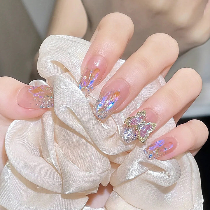 Acrylic Nail Set with Glitter and 3D Butterfly Decorations Bowlift