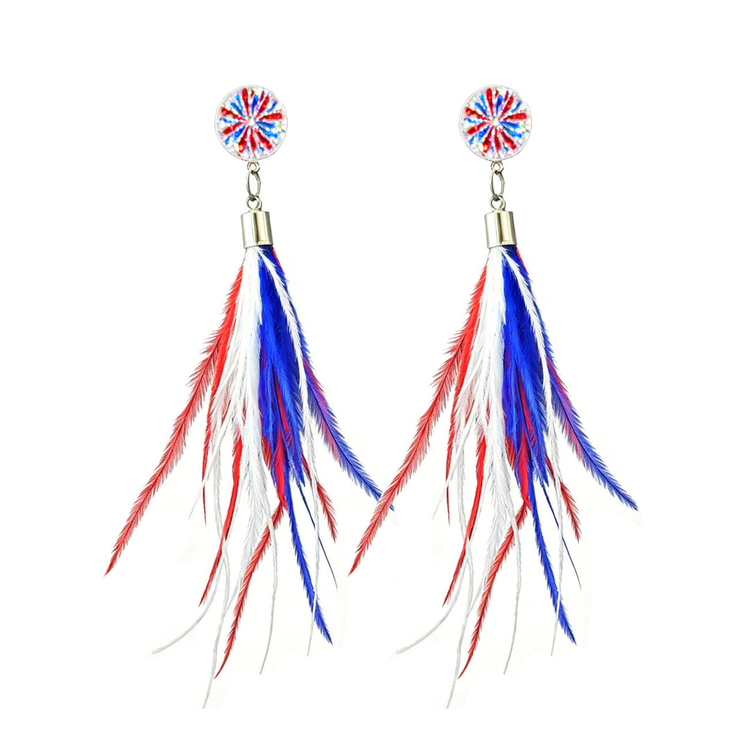 Ladies long feather earrings with tassels, round cabochon stud and nickel-free setting Bowlift