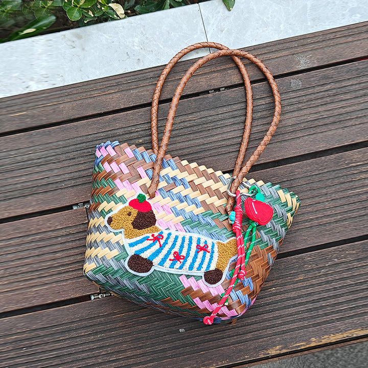 Handcrafted basket bag with colorful animal design Bowlift