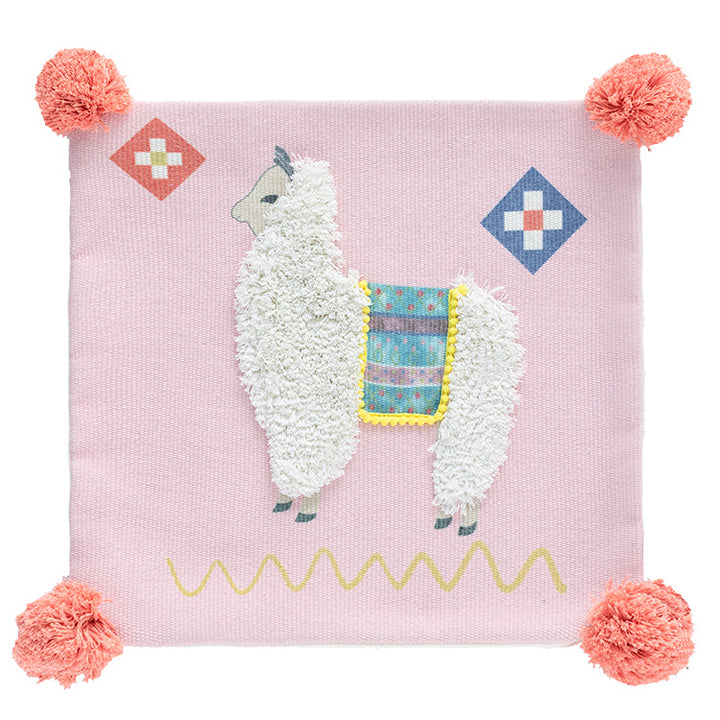 Square Boho decorative pillow with crocheted pom-pom and decorative corner tassels