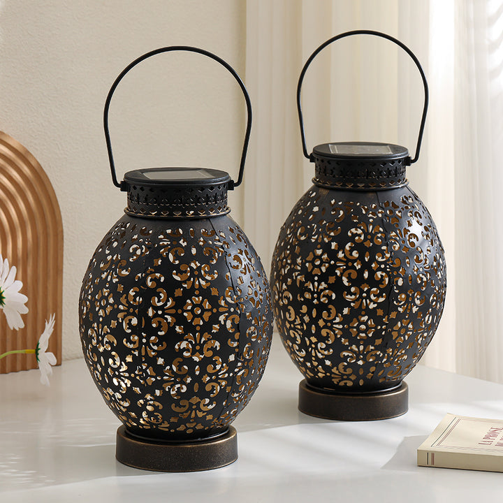 Moroccan-Style Cutwork Metal Candle Lantern with Hanging Handle Bowlift