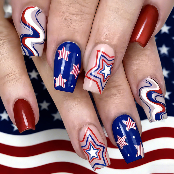 Themed Press-On Nail Art Set with Star Design Bowlift