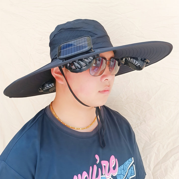 Wide-brimmed sun hat with detachable swivel solar fans and adjustable chin strap Bowlift