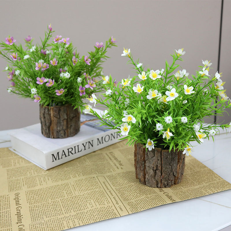 Lifelike Floral Arrangement with Rustic Wood Pot