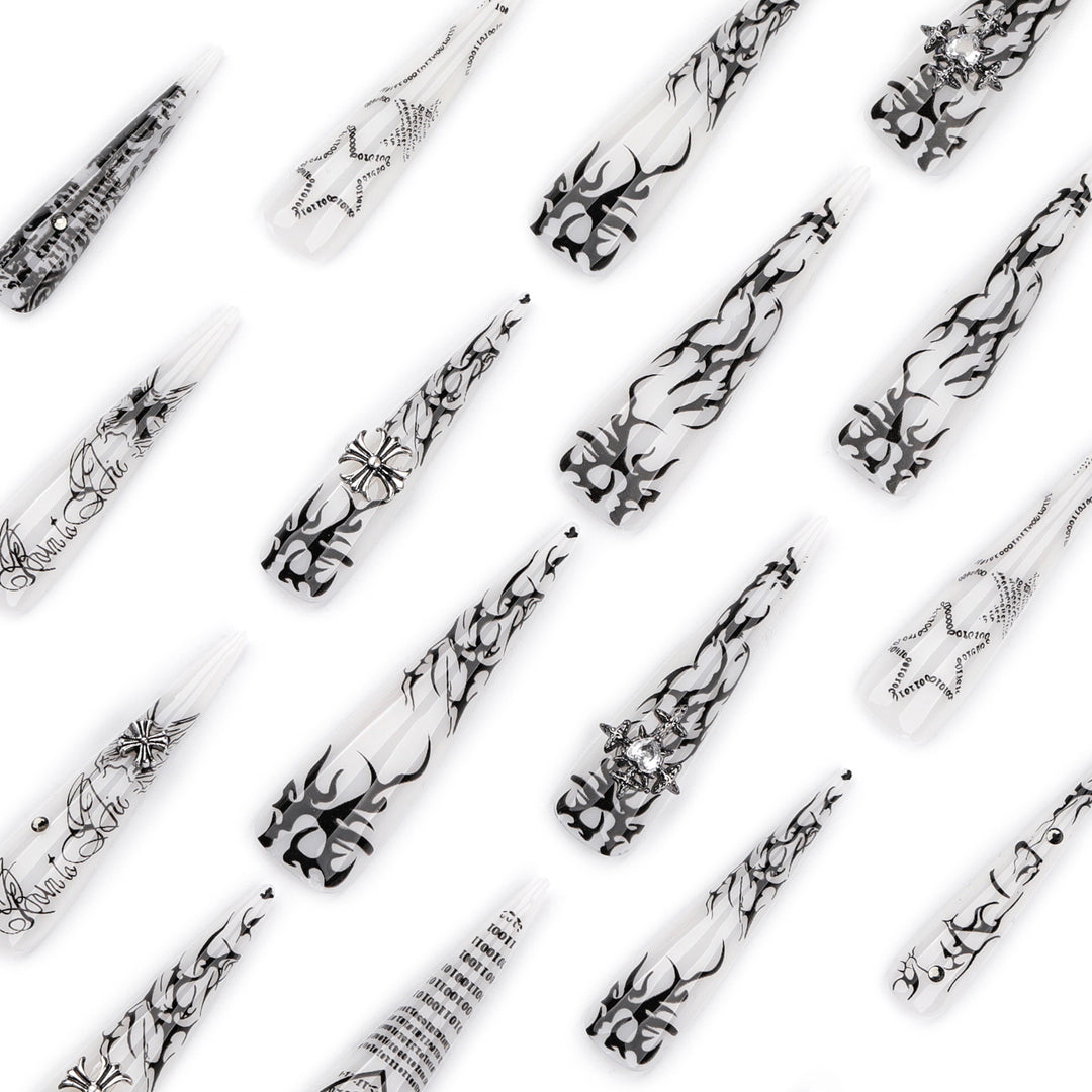 Artful stiletto nails with gothic pattern and embellishments Bowlift