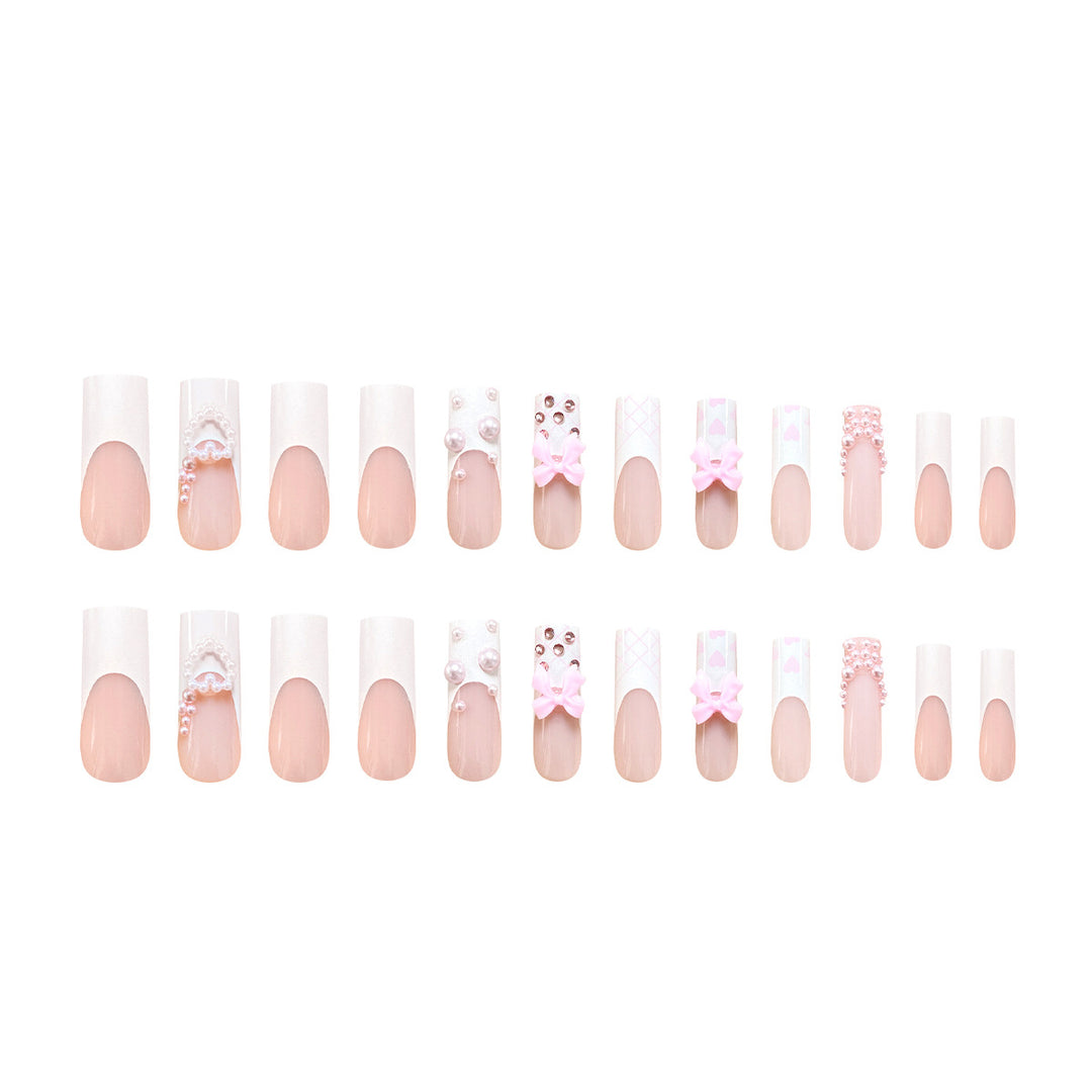 Artistic acrylic nails with bow and pearl decorations Bowlift