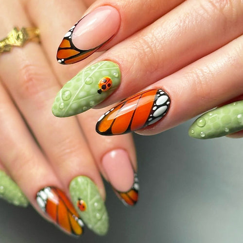 Artistic Press-On Nail Set with Butterfly and Floral Designs Bowlift