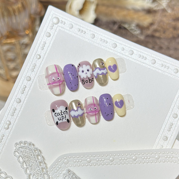Playful Cartoon-Themed Press-On Nail Art Set Bowlift