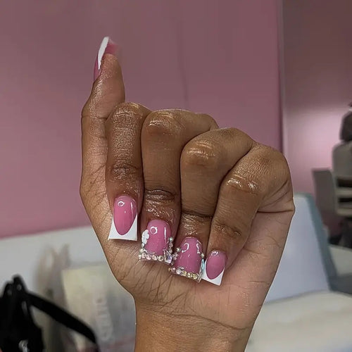 Elegant French Tip Press-On Nail Art with Rhinestone Accents Bowlift