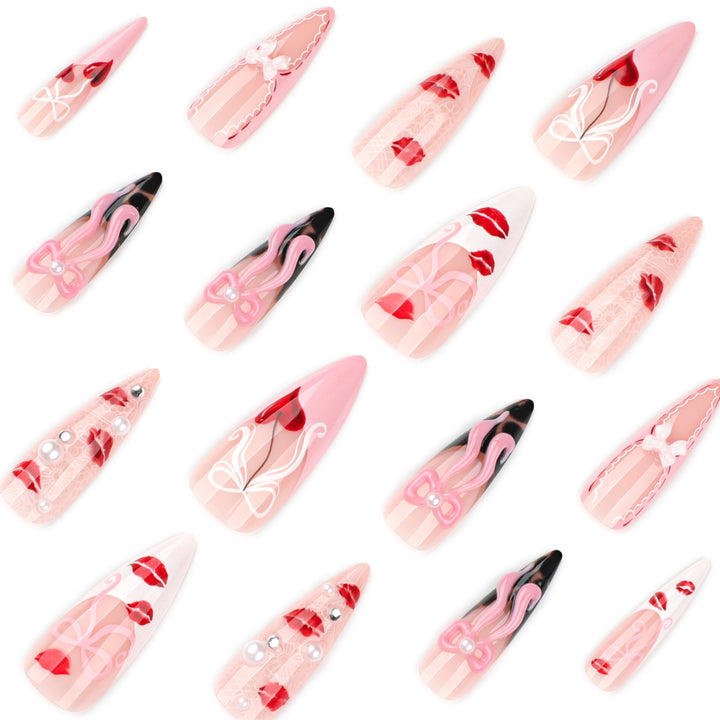 Artful Nail Art with Romantic Heart and Bow Motif Bowlift