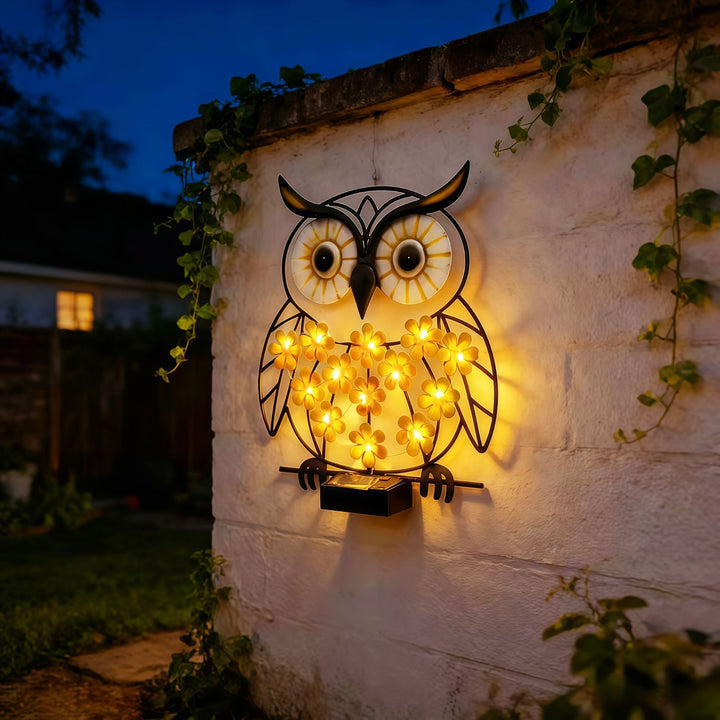 Metal Owl Wall Art With Solar Powered LED Floral Lights And Iron Frame Bowlift