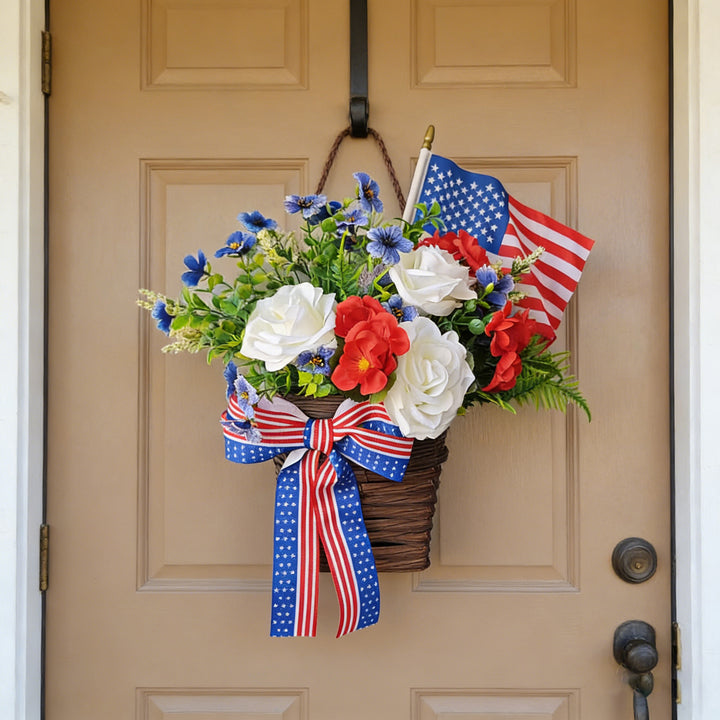 Unisex nan American patriotic door hanging floral basket with ribbon accents Bowlift