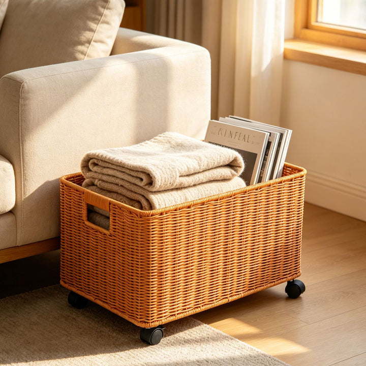 Storage Rolling Wicker Basket Bowlift