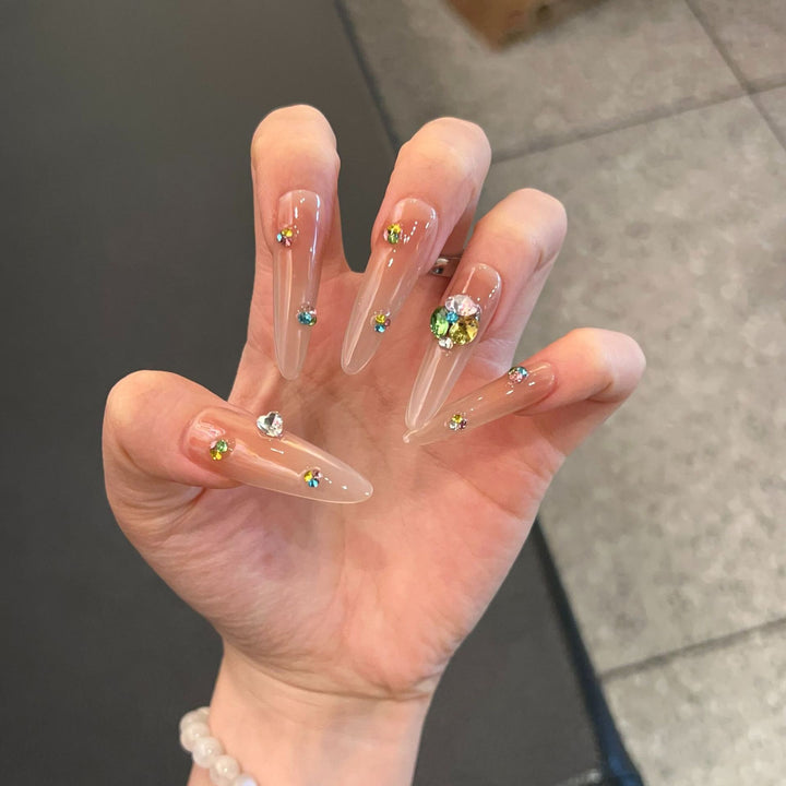 Glamorous Stiletto Press-On Nail Set with Colorful Gem Accents Bowlift