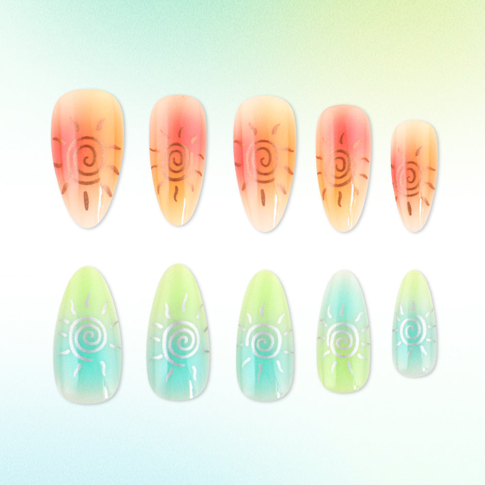 Artistic Press-On Nail Set Featuring Sun Designs Bowlift