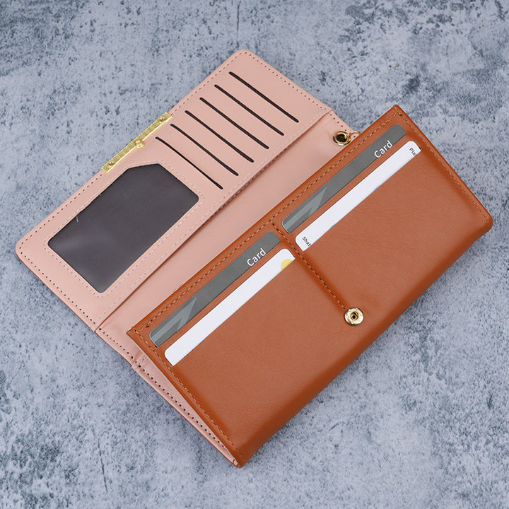 Premium vegan leather long wallet clutch with gold bar accent and detachable chain Bowlift