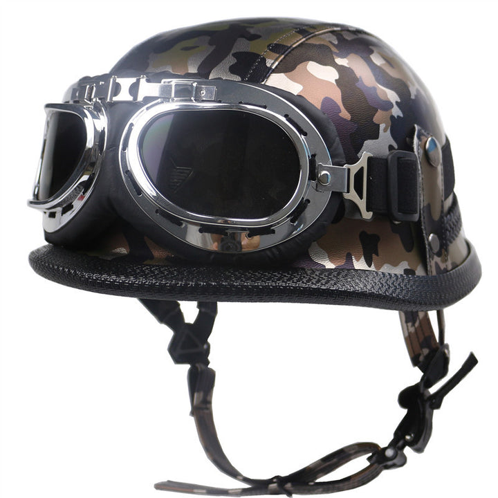 Vintage Leather Biker Helmet with Goggles Bowlift