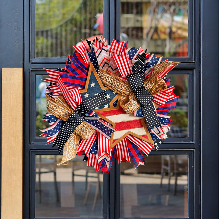 Unisex nan decorative layered Americana star burlap ribbon door wreath with mixed patterned fabric streamers and polka dot bow Bowlift