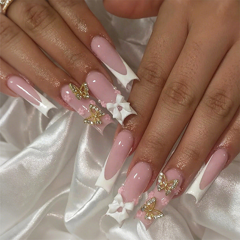 Decorative Press-On Nail Set with Floral and Butterfly Accents Bowlift