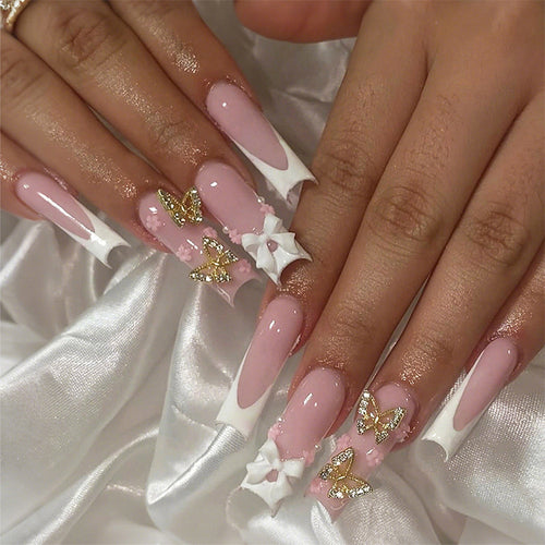 Decorative Press-On Nail Set with Floral and Butterfly Accents Bowlift