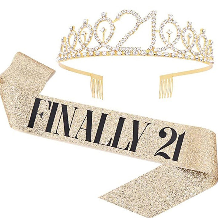 Girl Glittering Birthday Crown and Sash Set Bowlift