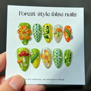 Artificial nails in forest style with floral and mushroom-shaped designs Bowlift