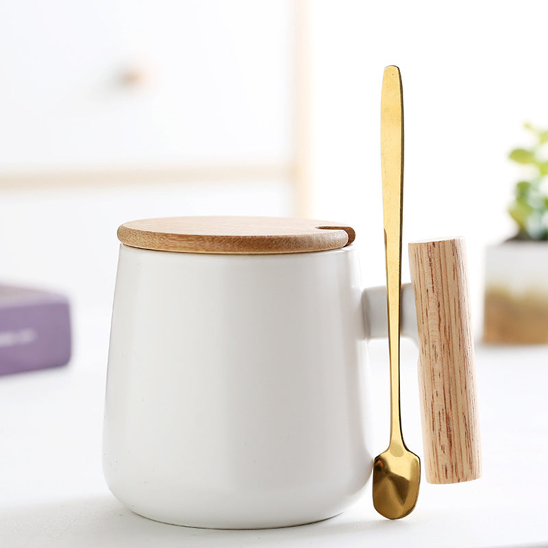 Ceramic Coffee Mug Gift Set with Bamboo Lid Ergonomic Wooden Handle and Gold Spoon Bowlift