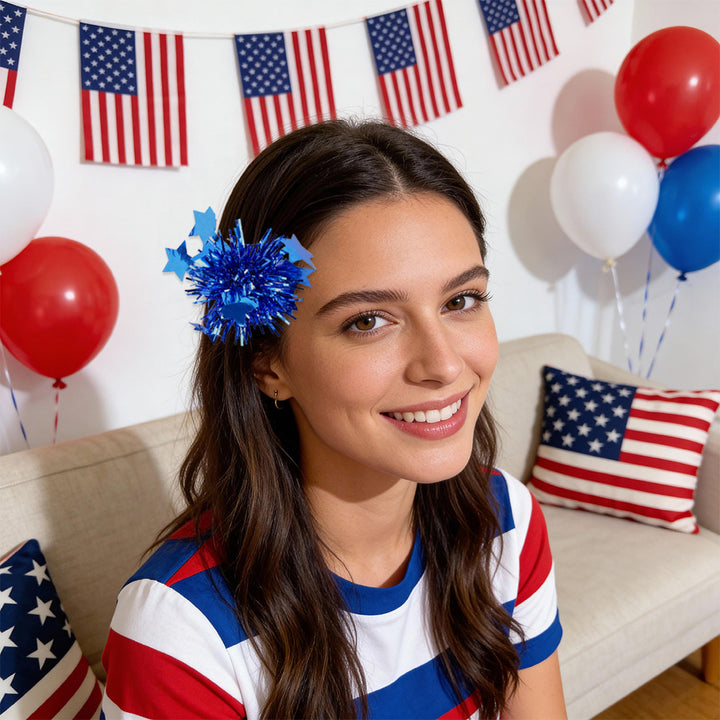 Independence Day sparkly tinsel starburst pom pom cat teaser toy Bowlift