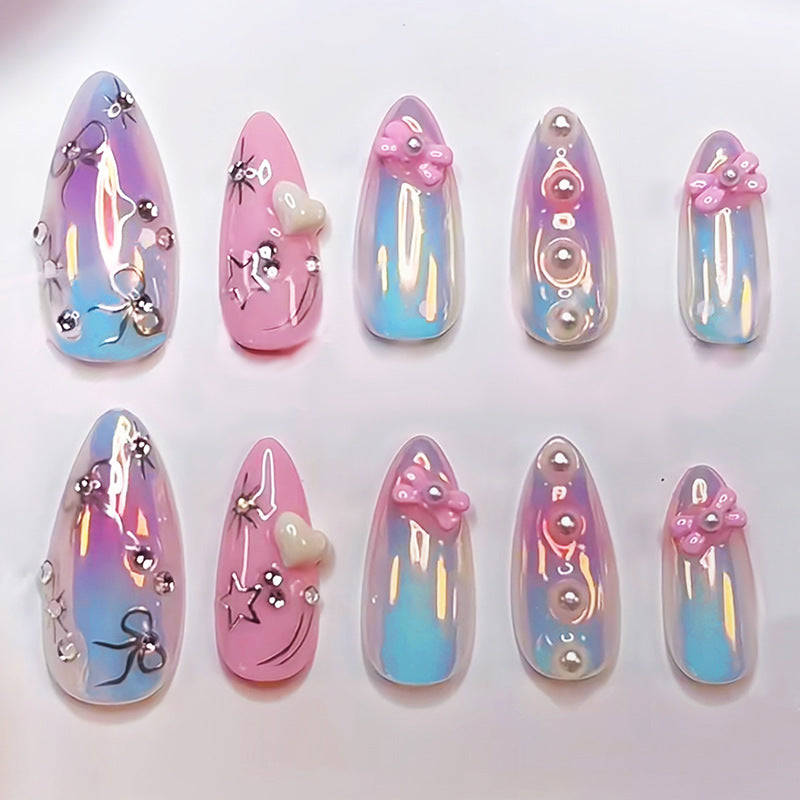 Decorative Press-On Nail Set with Elegant Bow and Gem Accents Bowlift