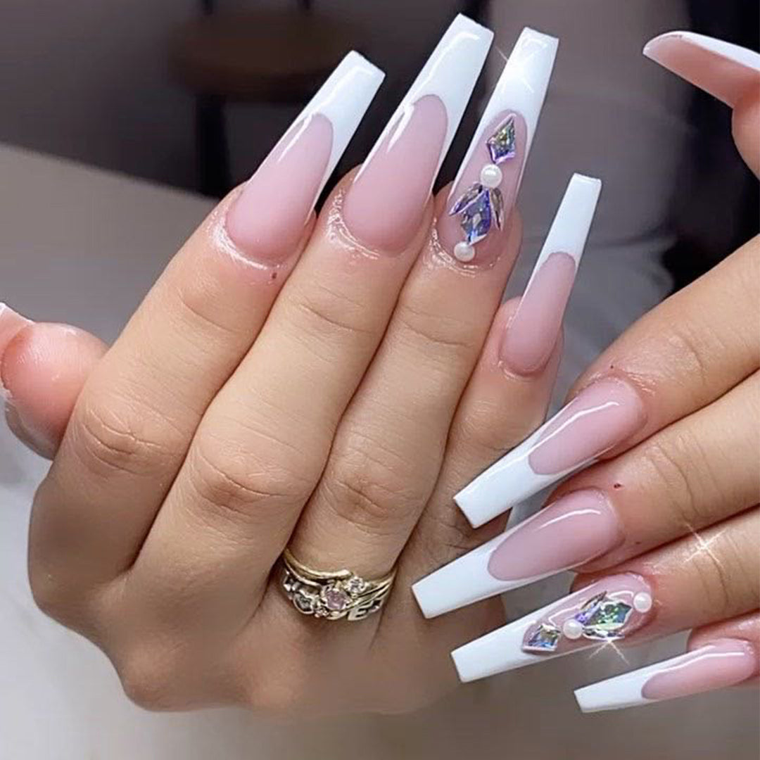 Premium Nail Extensions with Elegant Designs and Glitter Accents Bowlift
