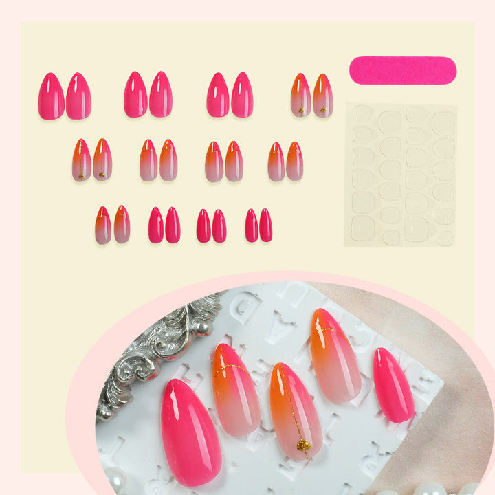 Press-On Nail Set with Vibrant Gradient Design and Golden Accents Bowlift
