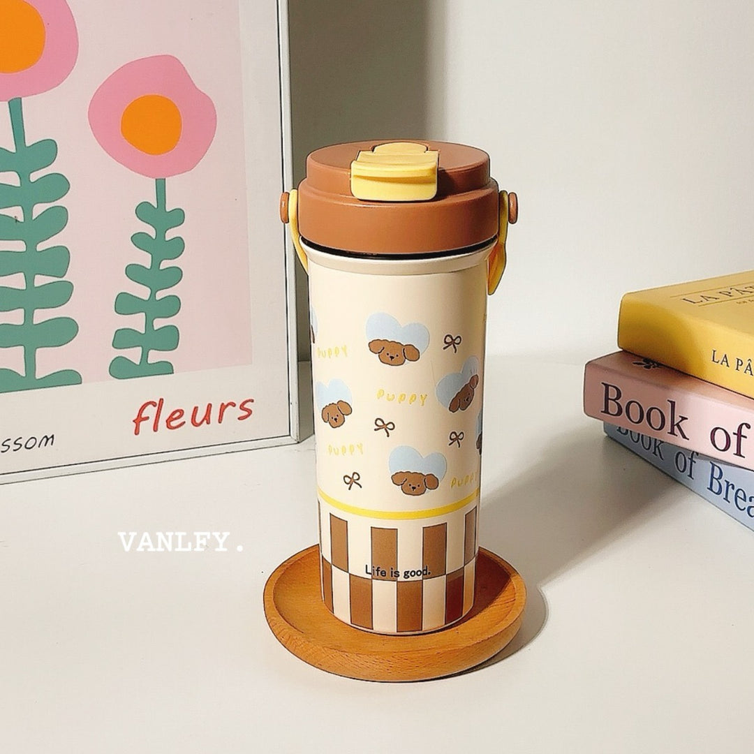 Women's insulated drinking cup with secure flip lid and cute dog design Bowlift