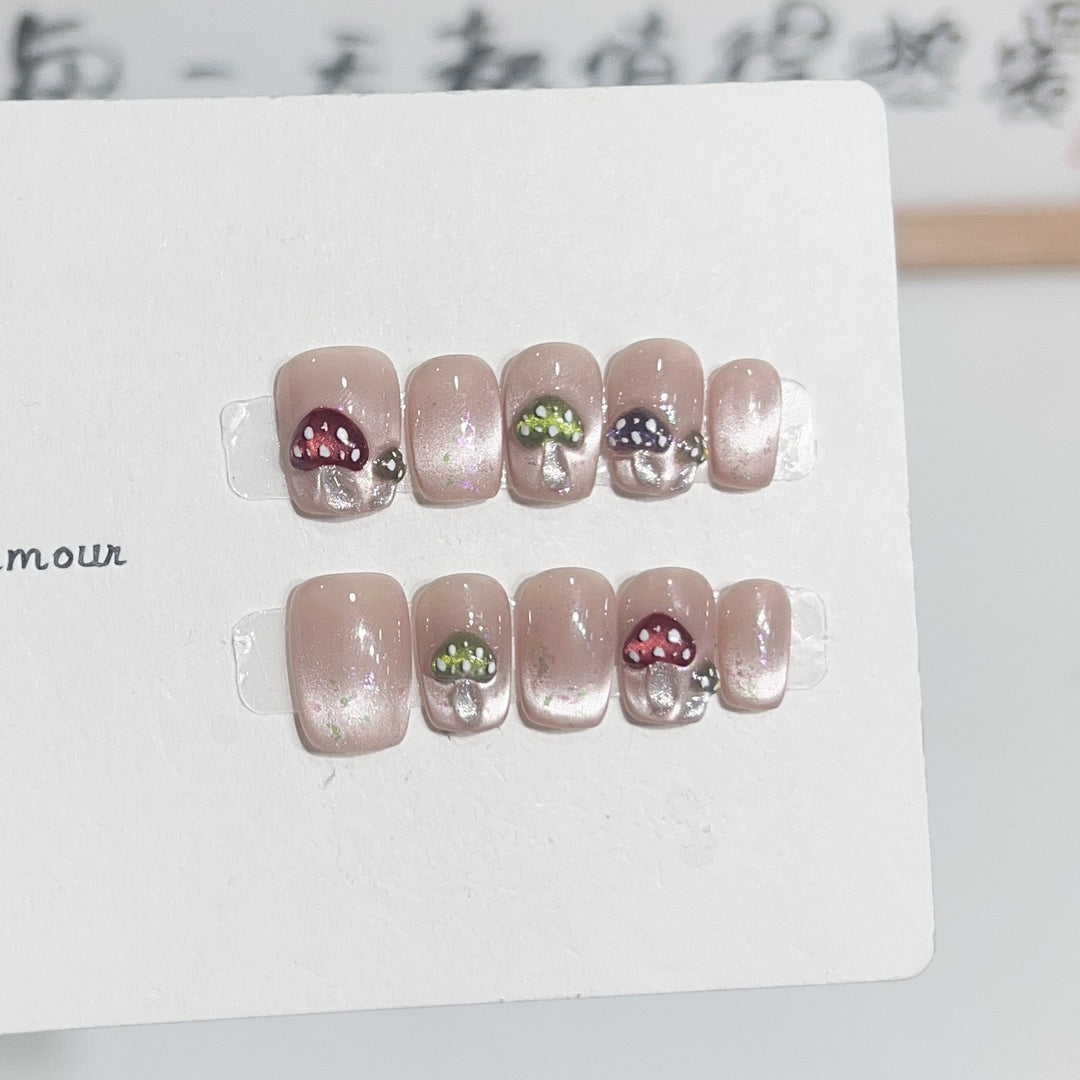 Artistic Press-On Nail Set with Playful Mushroom Designs Bowlift