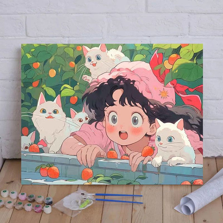 Cartoon Cat and Girl Themed Canvas Paint by Numbers Art Kit Bowlift