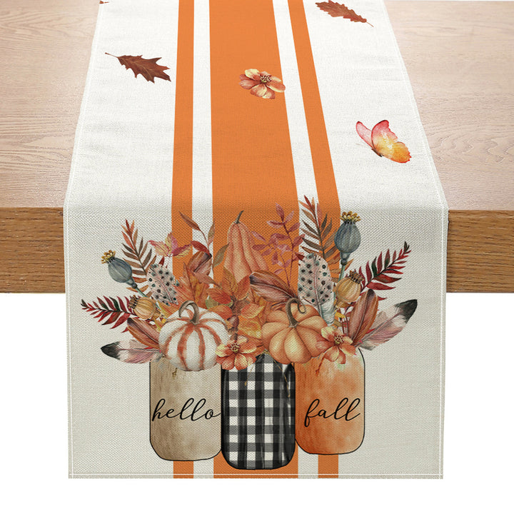 Autumn Cotton-Linen Decorative Table Runner with Pumpkin & Gingham Border