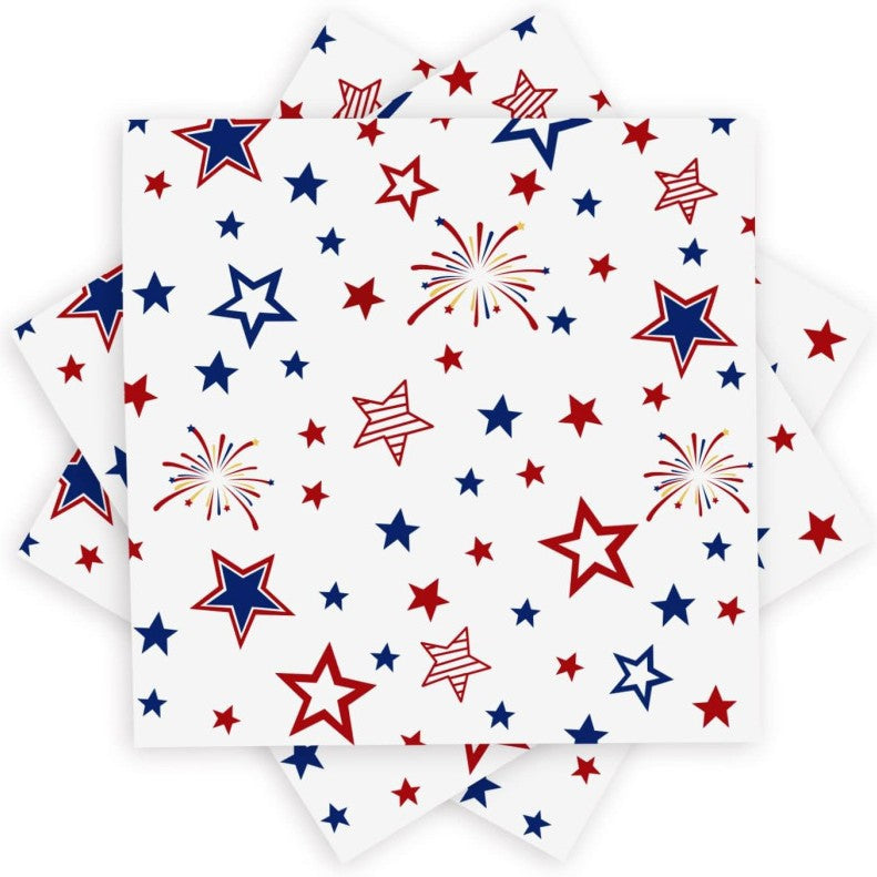 Unisex decorative disposable napkins with star and fireworks design, absorbent and two-ply Bowlift