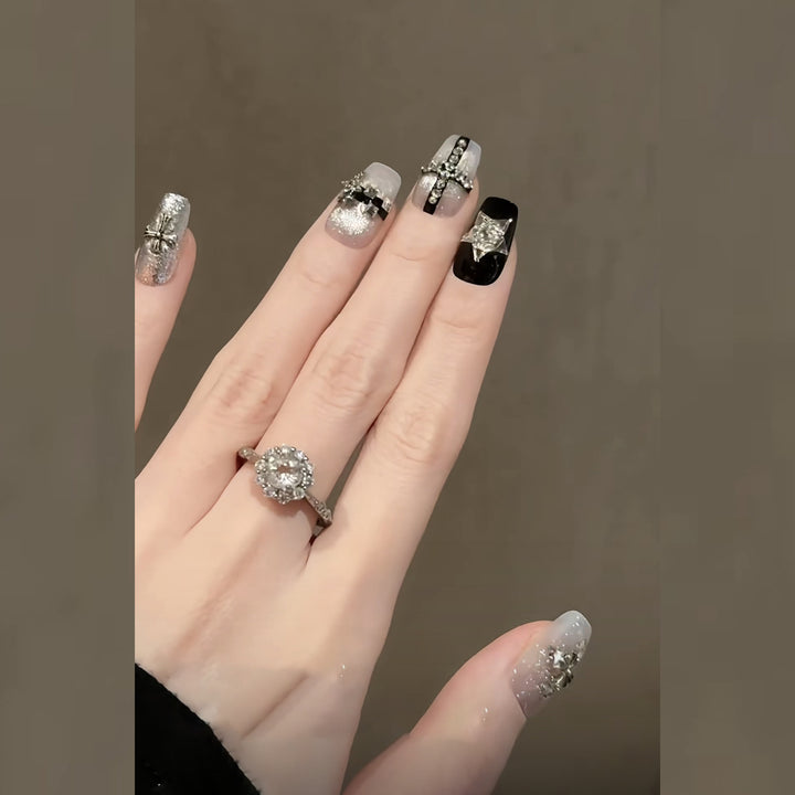 Artistic Press-On Nail Art Set with Gemstone Accents Bowlift